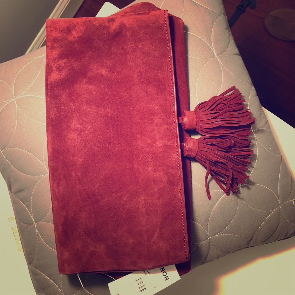 Women's Merlot Suede Foldover Tassel Clutch